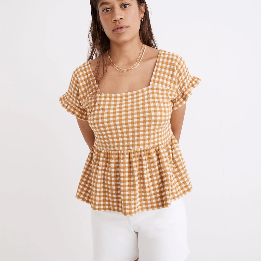 Madewell Gingham Knit Ruffle-Hem Top
